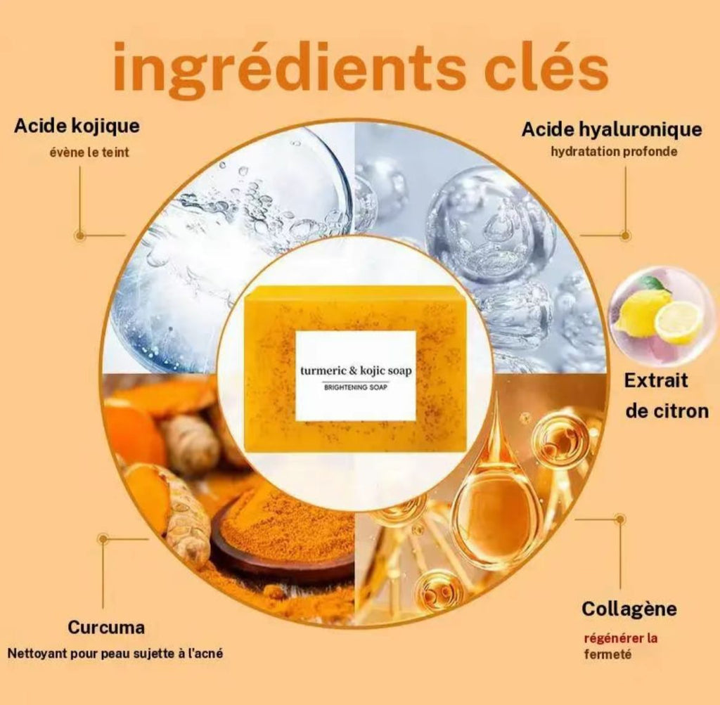 Ingrédients clés - acide kojique, acide hyaluronique, curcuma, collagène