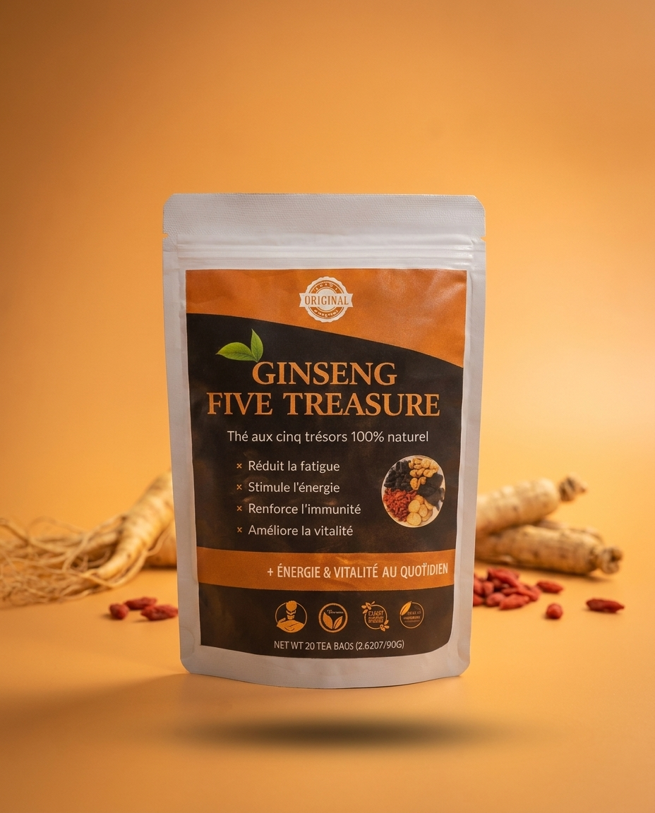 Ginseng Five Treasure Ivoire Ébène, fond ambre