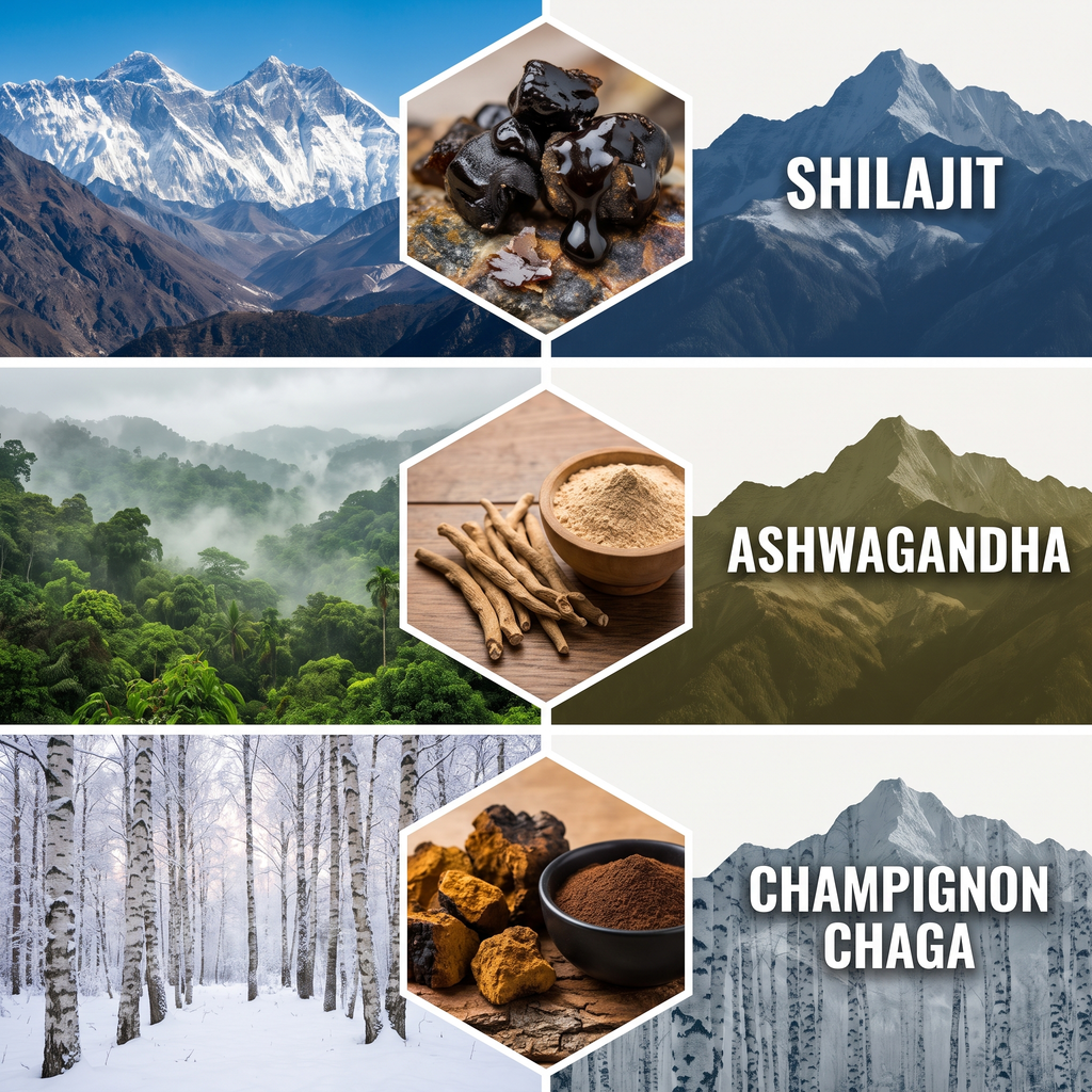 Shilajit, Ashwagandha et Champignon Chaga - origines