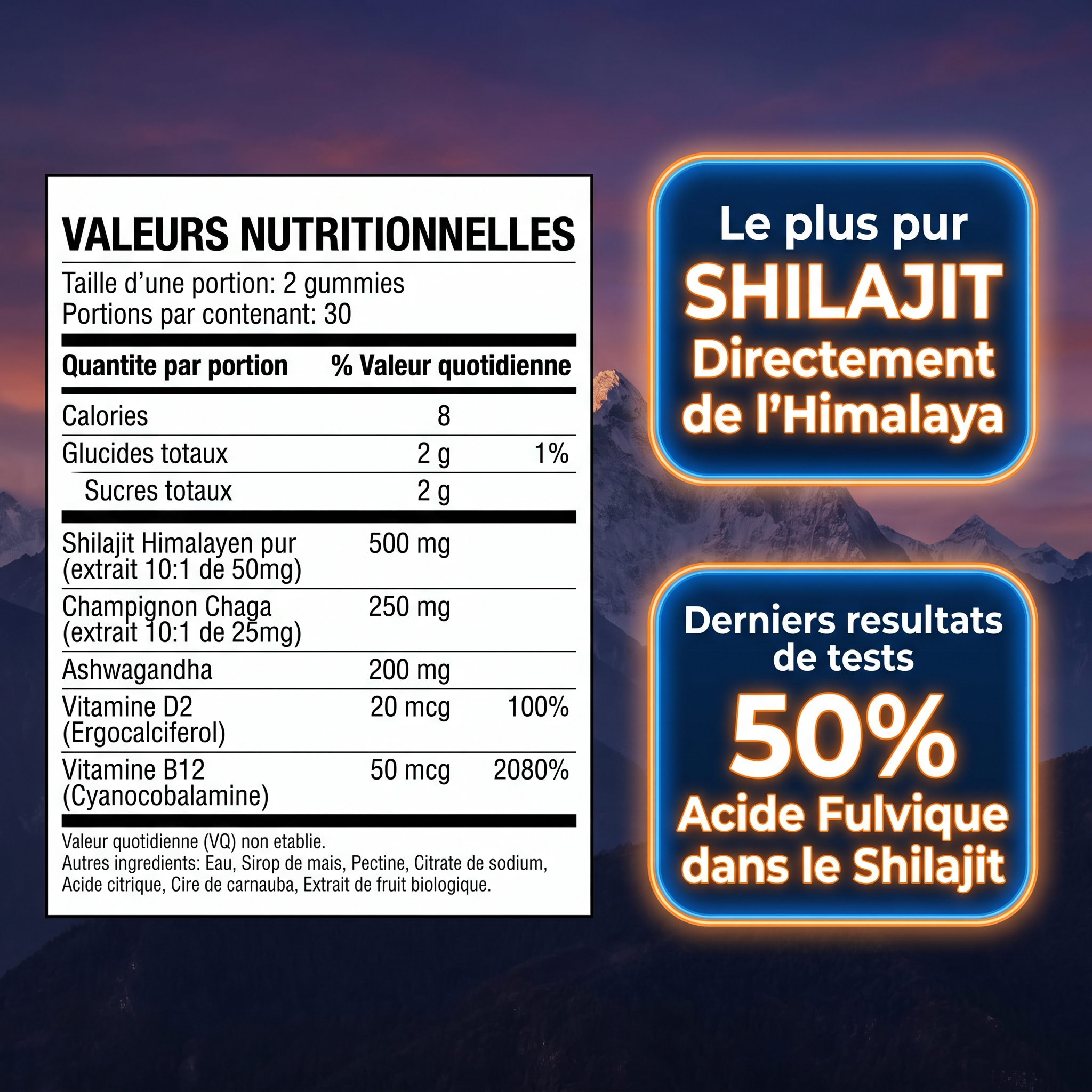 Valeurs nutritionnelles Shilajit - 50% acide fulvique