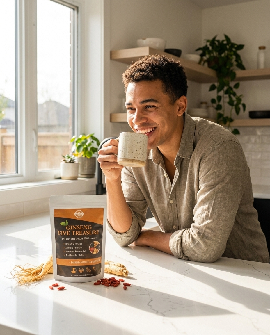 Jeune homme métisse souriant buvant le thé Ginseng Five Treasure