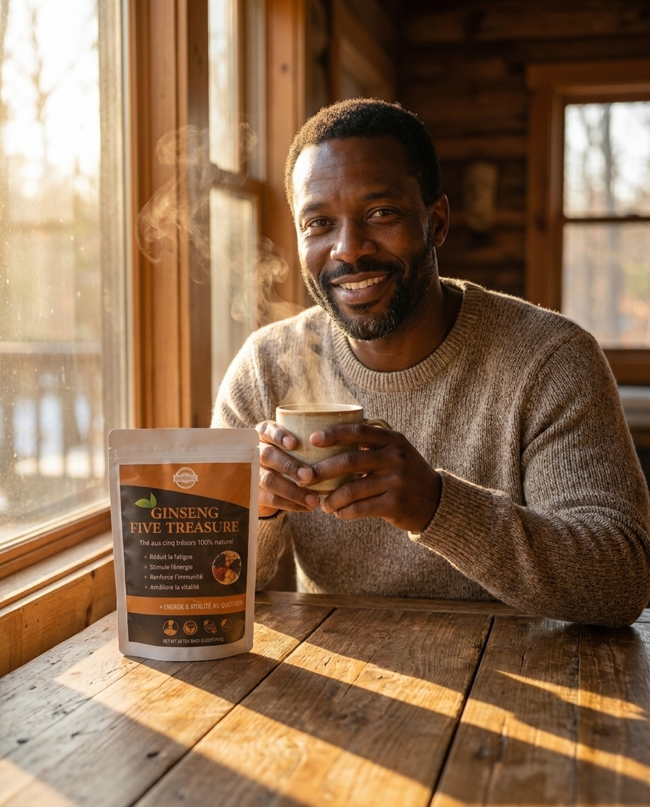Homme noir souriant tenant une tasse de thé Ginseng Five Treasure