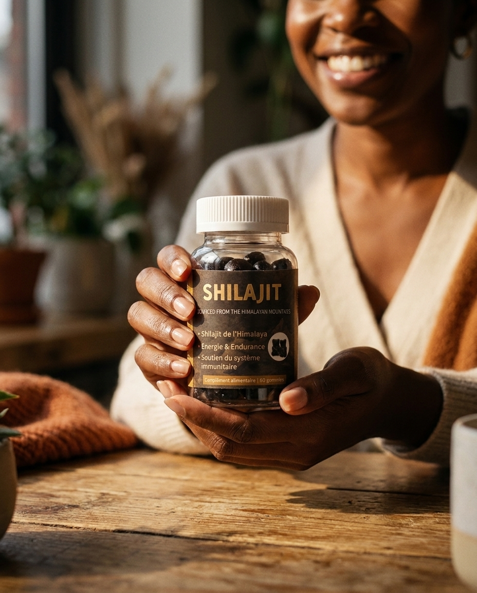Gros plan mains de femme noire tenant les gummies Shilajit Ivoire Ébène