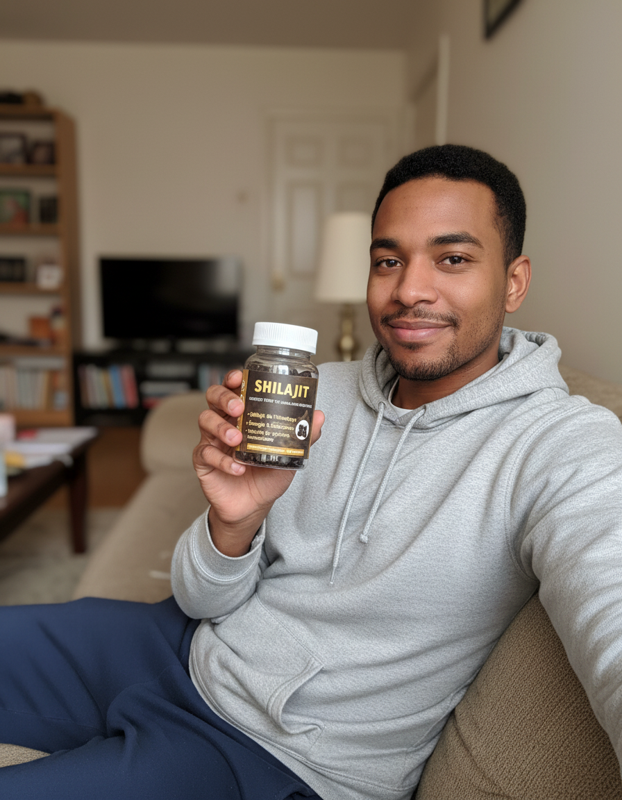 Photo candide, homme métisse décontracté sur son canapé avec les gummies Shilajit