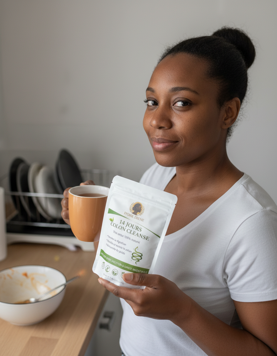 Photo candide, femme noire dans sa cuisine avec le thé détox