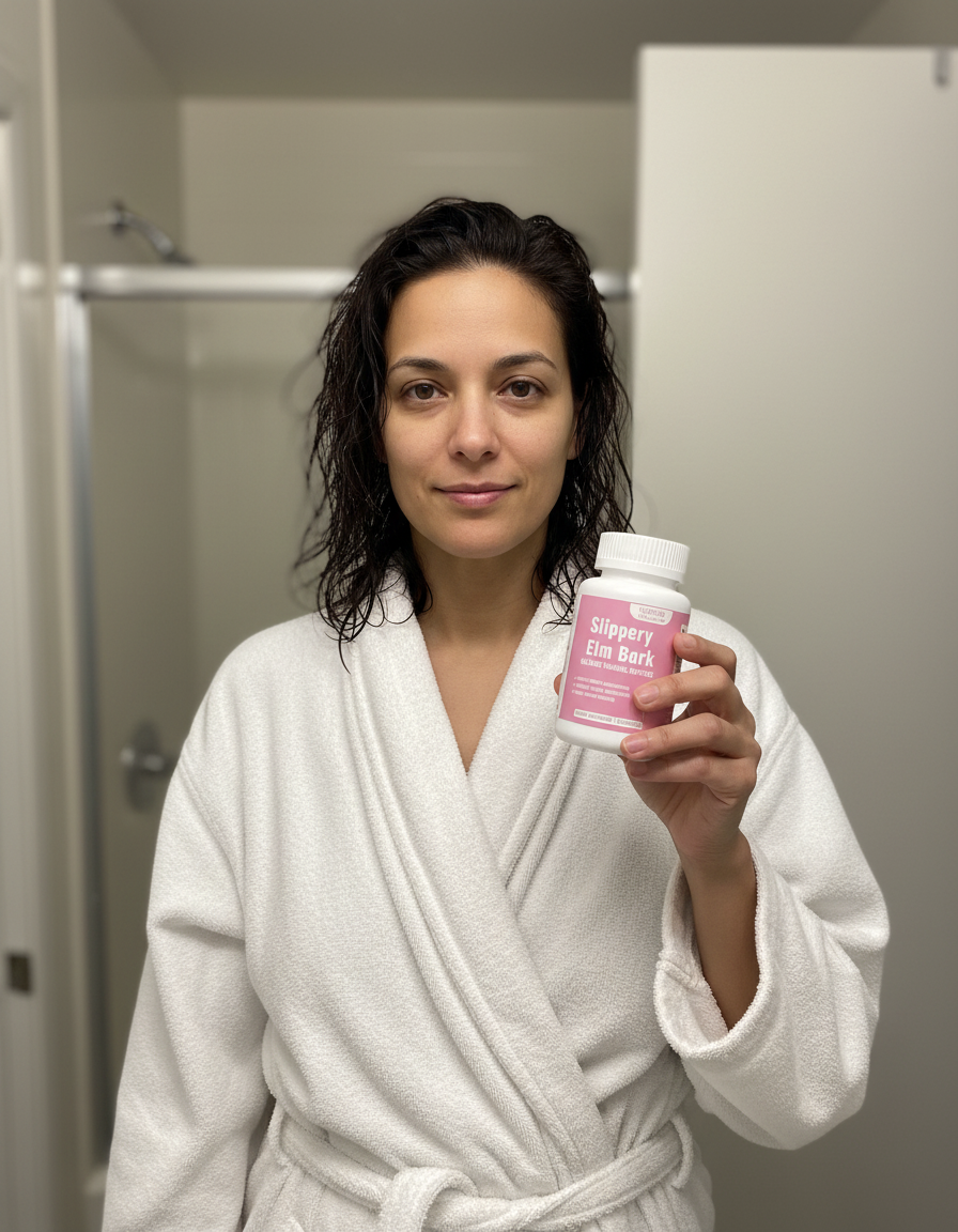 Photo candide, femme métisse en peignoir simple avec le produit Confort Intime